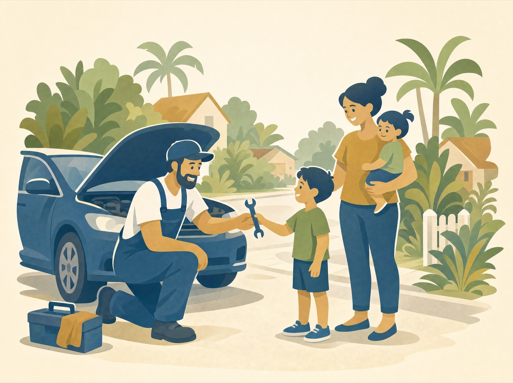 A mechanic kneels by a car and takes a wrench from a young boy while his mother watches, holding a toddler.