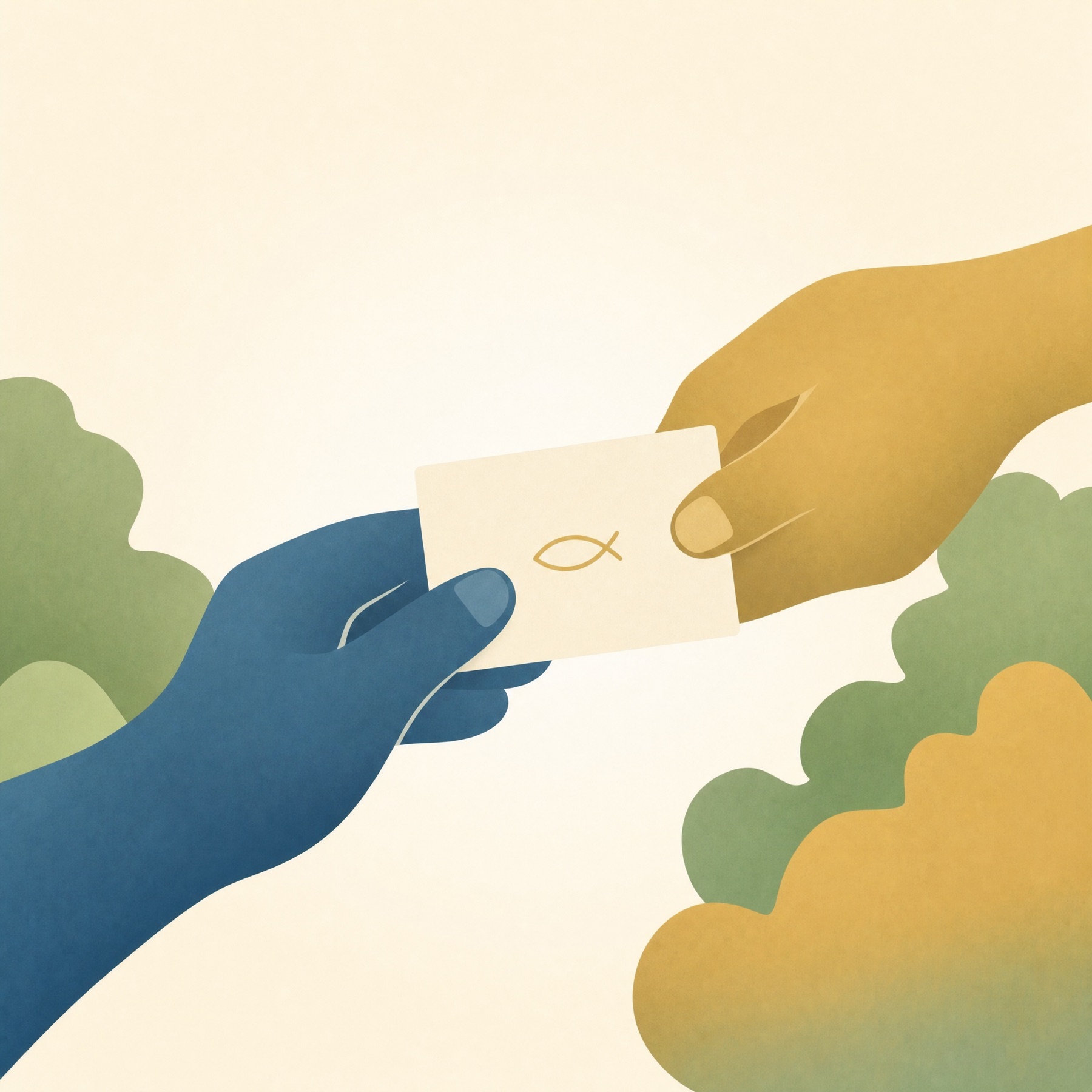 One hand passes a small card with a fish symbol to another hand.