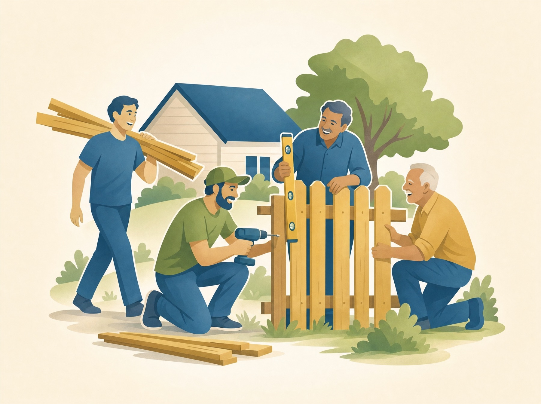 Four men of different ages build a wooden fence together and laugh.