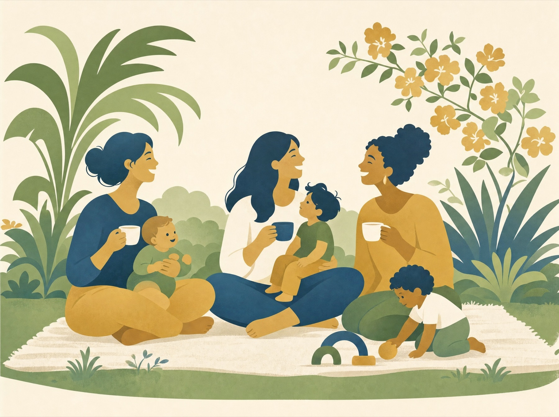 Three mothers laugh together over coffee on a garden blanket while their babies and toddlers play.