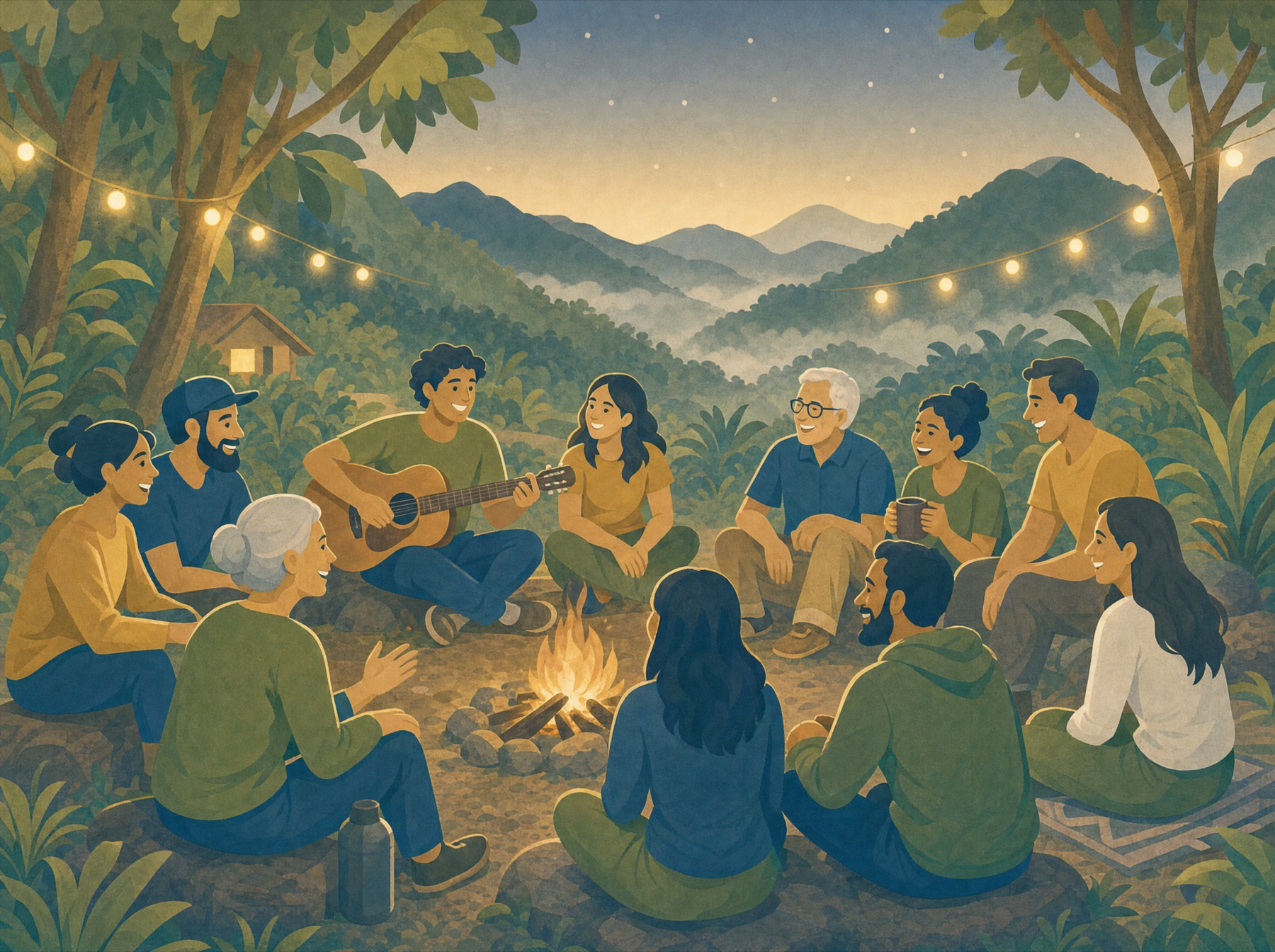 Friends sit around a campfire at a mountain retreat while one plays guitar.