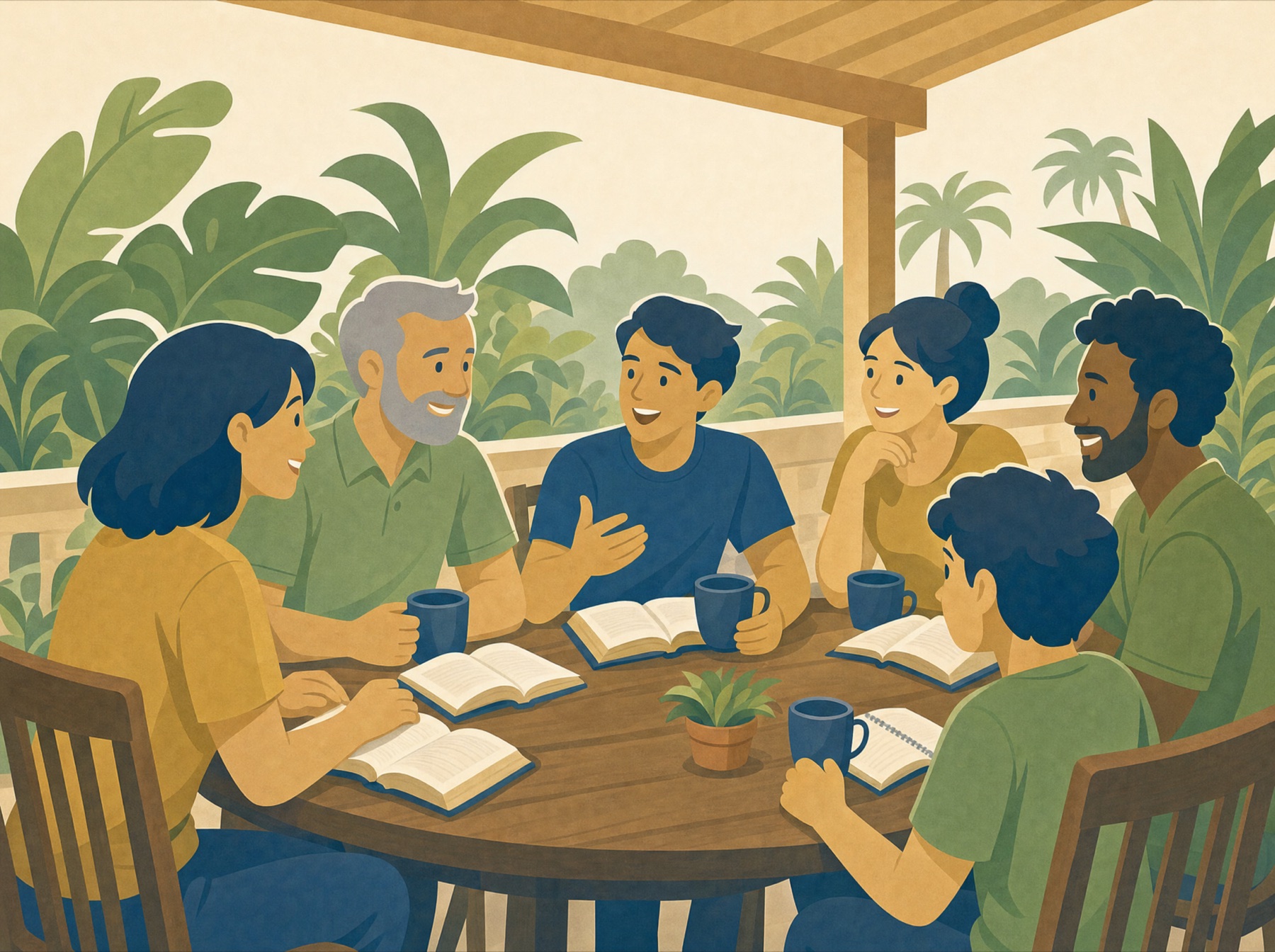Six friends talk over coffee and open Bibles on a terrace surrounded by plants.